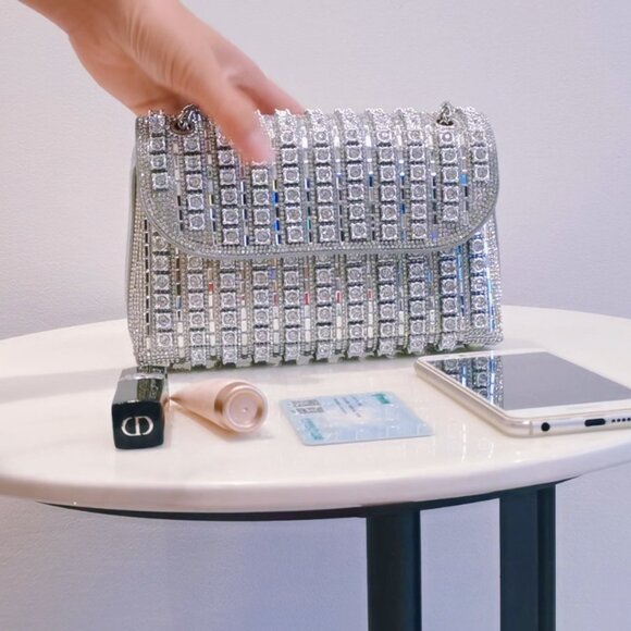 Neiman Marcus Rhinestone Round Block Silver Evening Shoulder Bag - Picture 5 of 6